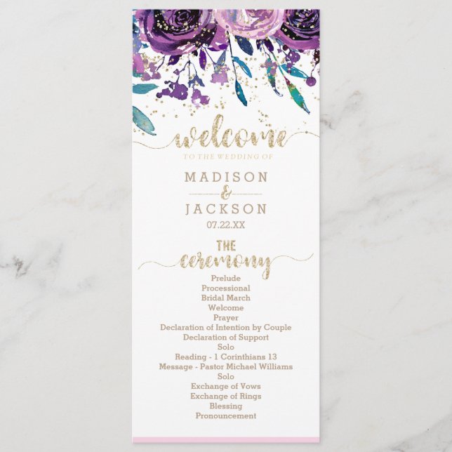 Programa de Casamento Chic Roxo Floral Champanhe D (Frente)
