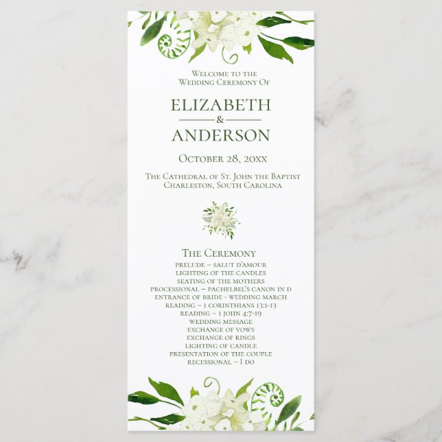 Programa de Casamento com Aquarela Floral de Hortê (Frente)