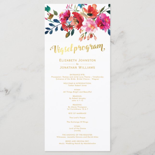 Programa de Casamento com Aquarela Floral e Dourad (Frente)
