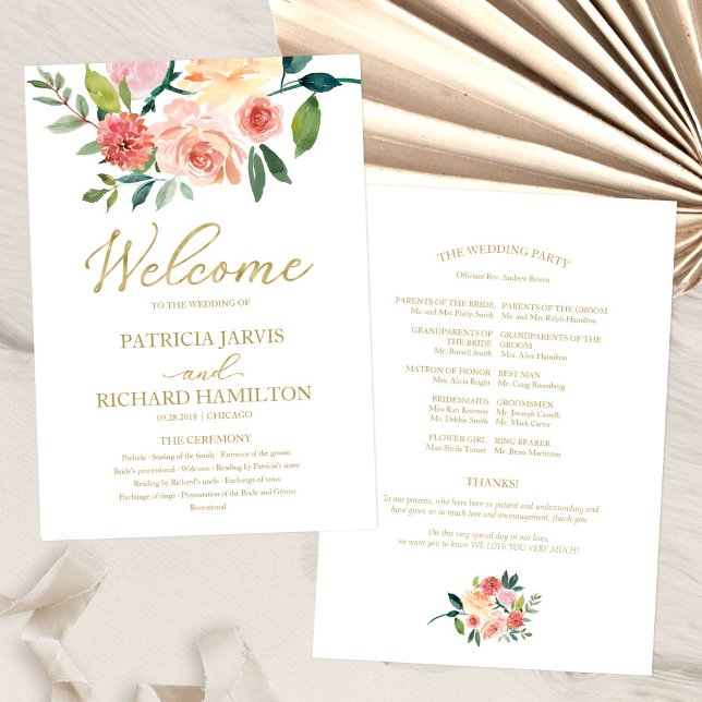 Programa de Casamento com Aquarela Floral em Doura (Criador carregado)