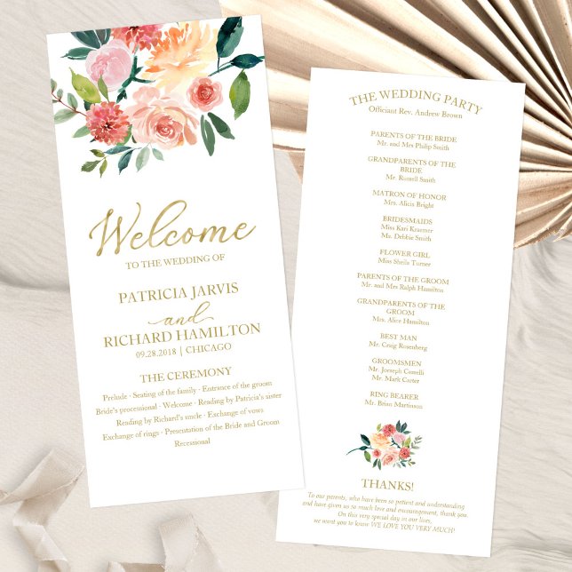 Programa de Casamento com Aquarela Floral em Doura (Criador carregado)