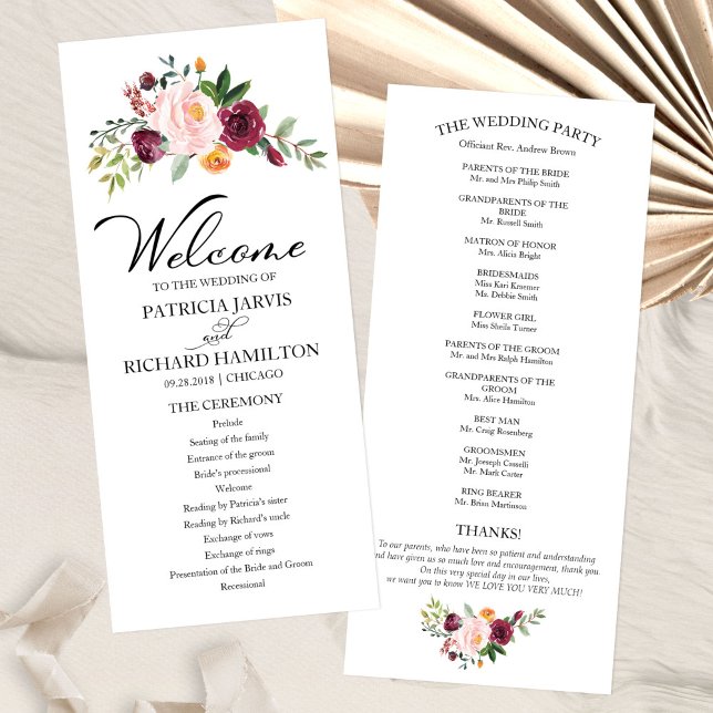 Programa de Casamento com Aquarela Floral Rosa Bur (Criador carregado)