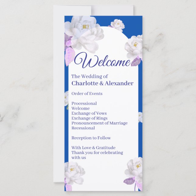 Programa de Casamento com Arco Floral Azul (Frente)