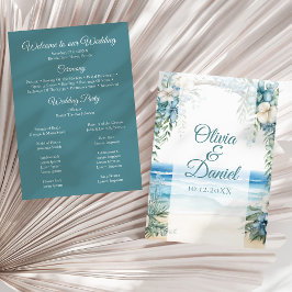 Programa de Casamento com Arco Floral Azul na Prai