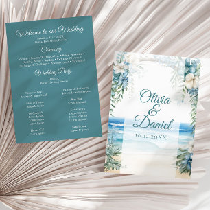 Programa de Casamento com Arco Floral Azul na Prai