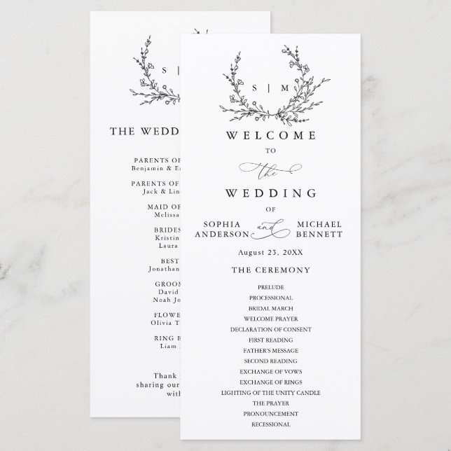 Programa de Casamento com Arte Floral Minimalista  (Frente/Verso)