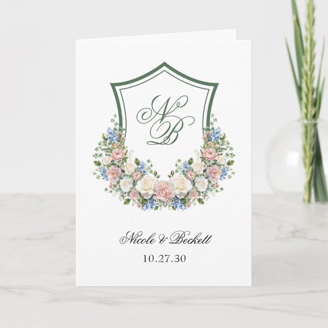 Programa de Casamento com Brasão Floral Azul Empoe (Frente)