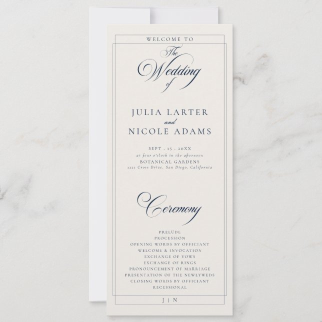 Programa de Casamento com Caligrafia em Marfim e A (Frente)