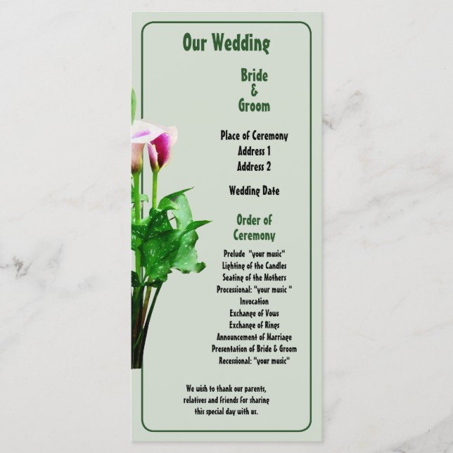 Programa de Casamento com Copos-de-leite Rosa e Br (Frente)