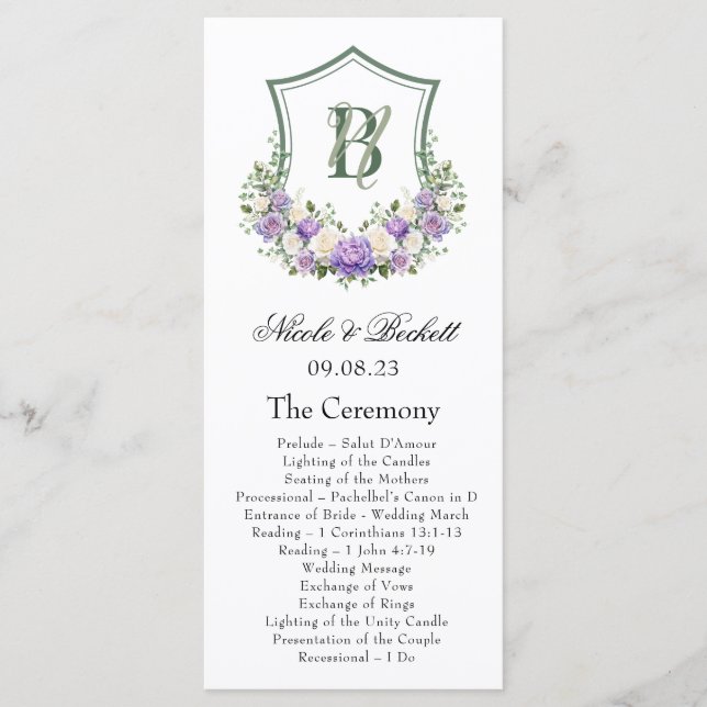 Programa de Casamento com Crista Floral Roxa e Bra (Frente)