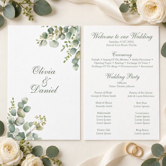Programa de Casamento com Eucalipto Moderno (Modern Greenery Eucalyptus Wedding Program)
