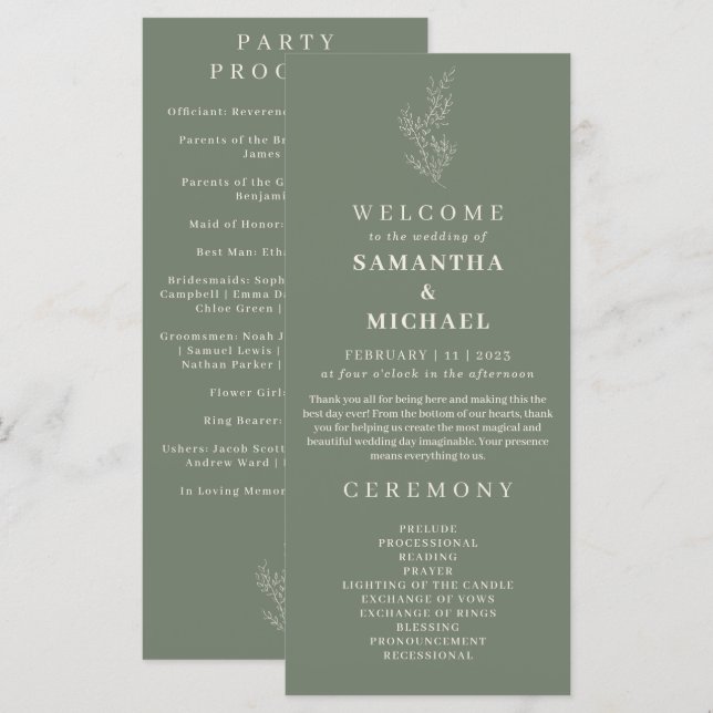 Programa de Casamento com Flor de Hera Verde Sage (Frente/Verso)