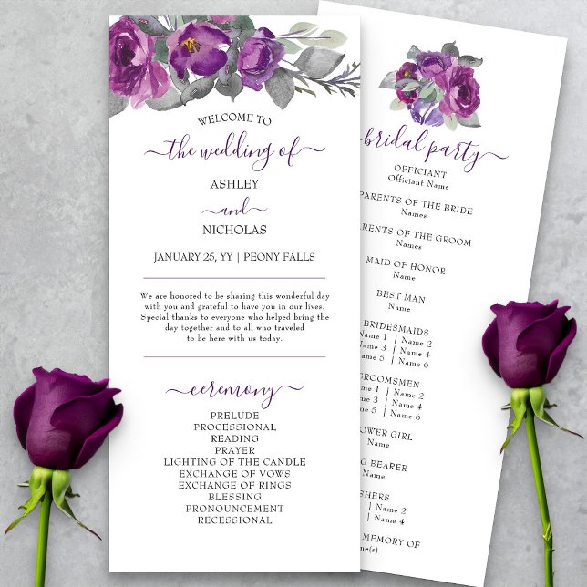 Programa de Casamento com Floral Roxa e Letra Eleg (Elegant purple floral wedding program from my Plush Purple Wedding Collection )