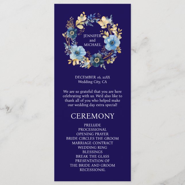 Programa de Casamento com Flores Azuis e Douradas (Frente)
