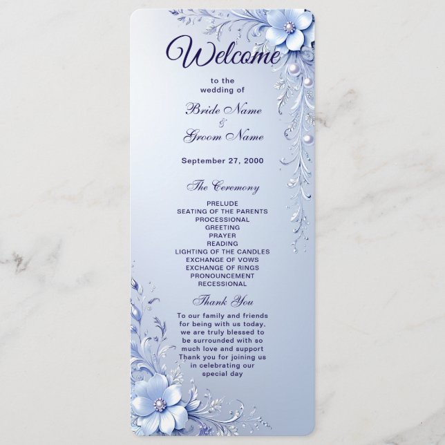 Programa de Casamento com Flores Azuis Ornamentada (Frente)