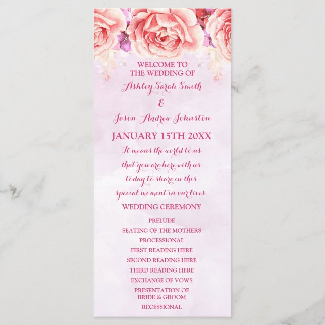 Programa de Casamento com Flores de Aquarela Rosa  (Frente)