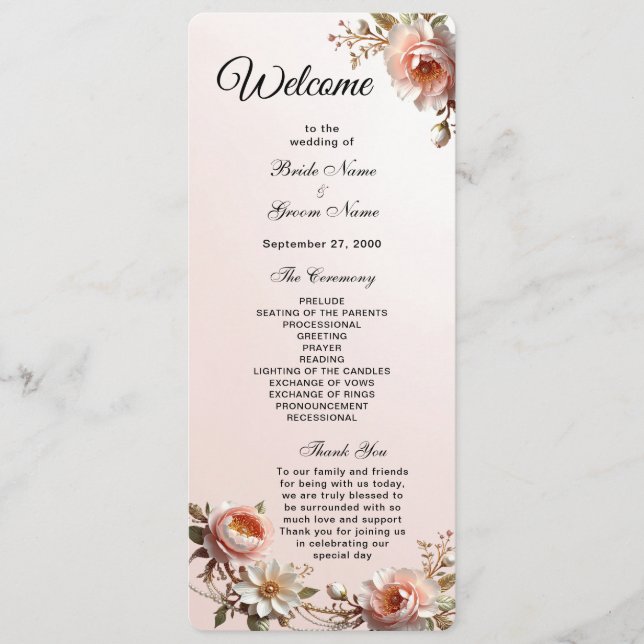 Programa de Casamento com Flores Decorativas Rosa  (Frente)