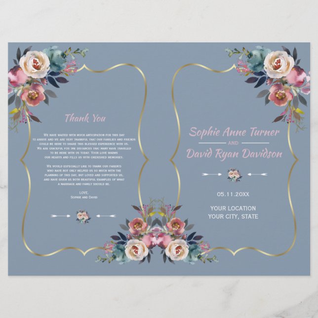 Programa de Casamento com Flores Rosa Azul Empoeir (Frente)