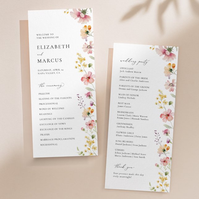 Programa de Casamento com Flores Silvestres de Pra (Boho meadow wildflower wedding program with pastel florals and elegant serif typography)