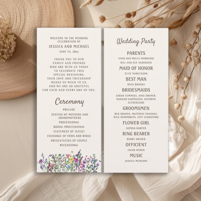 Programa de Casamento com Flores Silvestres em Aqu (Watercolor wildflowers wedding program)