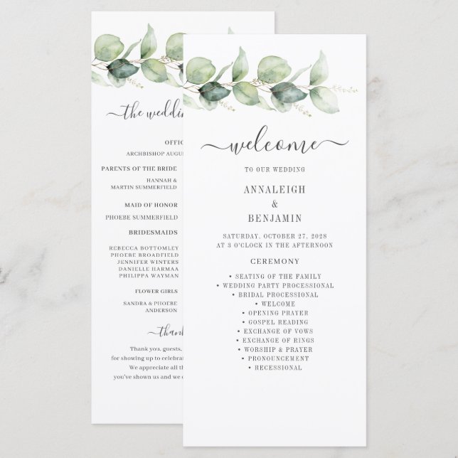 Programa de Casamento com Folhagem de Eucalipto Bo (Frente/Verso)