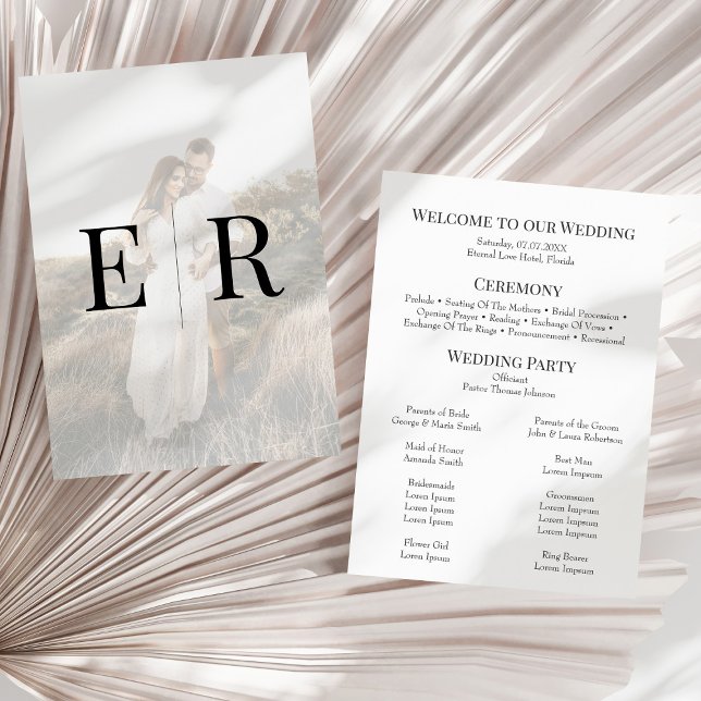 Programa de Casamento com Fotografia e Monograma E (Modern Elegant Monogram Photo Wedding Program on a sunny white dry palm leaf.)