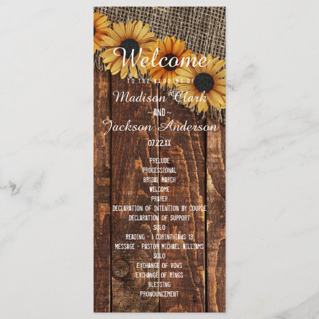Programa de Casamento com Girassóis de Madeira Rús (Frente)
