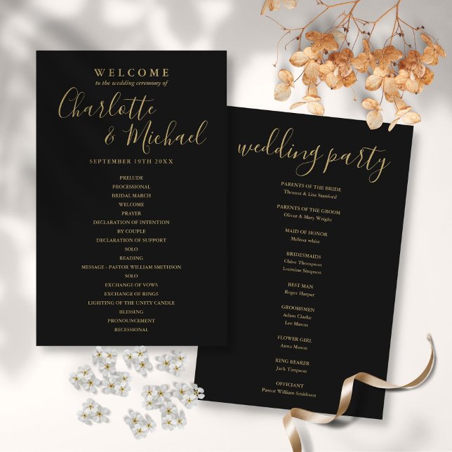 Programa de Casamento com Grafia Preta e Dourada E (Elegant Black And Gold Script Wedding Program)