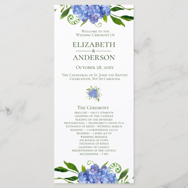 Programa de Casamento com Hortênsias Azuis (Frente)