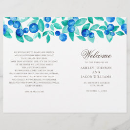 Programa de casamento com mirtilos. Aquarela azul