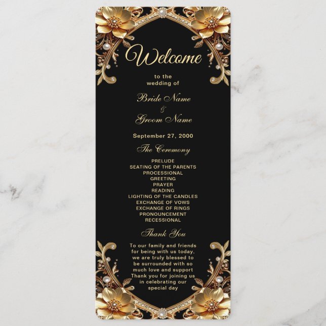 Programa de Casamento com Moldura de Ouro Elegante (Frente)
