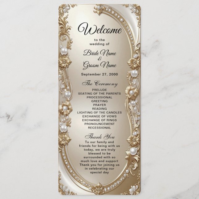 Programa de Casamento com Moldura Dourada Ornament (Frente)