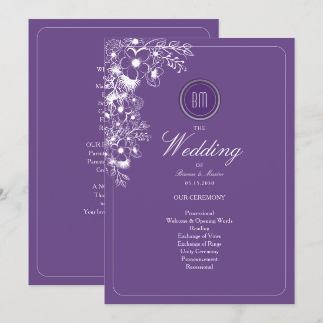 Programa de Casamento com Monograma Floral Roxo (Frente/Verso)