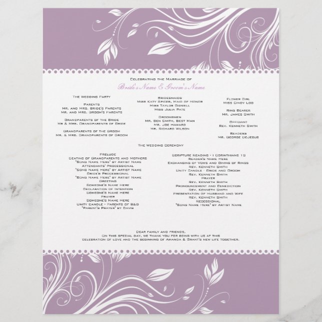 Programa de Casamento com Rodopios Florais Lavanda (Frente)