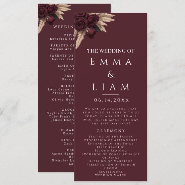 Programa de Casamento com Rosa Borgonha Sombria e  (Frente/Verso)