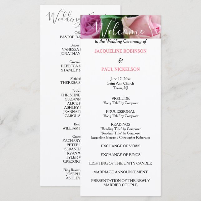 Programa de Casamento com Rosas Rosas (Frente/Verso)