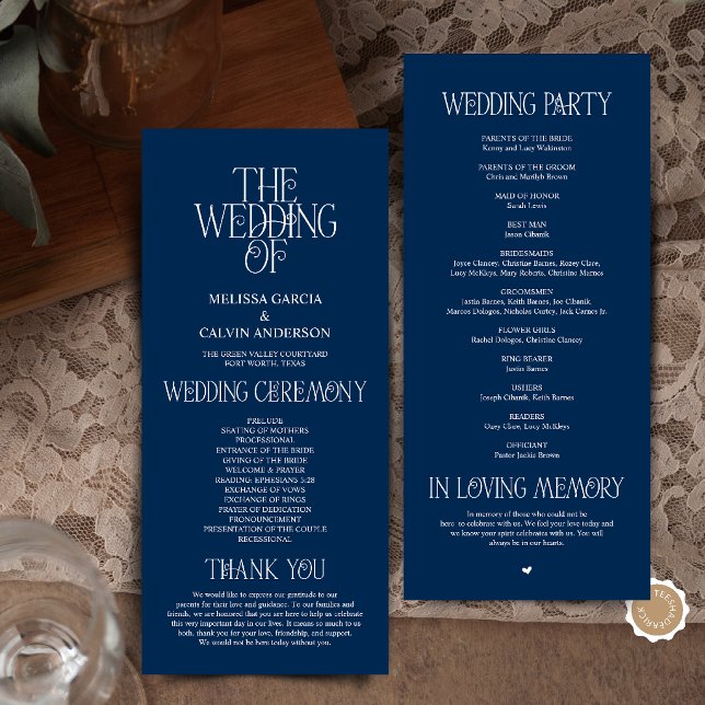 Programa de Casamento com Tipografia Azul-Marinho  (Elegant Navy Blue Typography Modern Romantic Wedding Program Card)