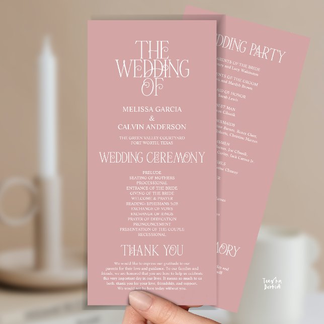 Programa de Casamento com Tipografia Dusty Rose El (Elegant Rose Gold Typography Modern Romantic Wedding Program Card)
