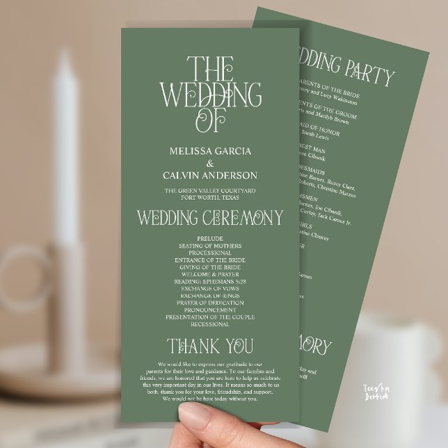 Programa de Casamento com Tipografia Verde Sábio E (Sage Green Typography Modern Romantic Wedding Program Card)