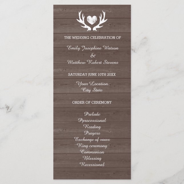 Programa de casamento com veios de madeira vintage (Frente)