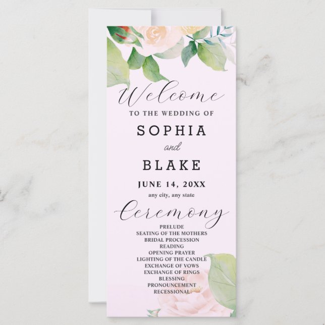Programa de Casamento Cor-de-Rosa Branca de Folhas (Frente)