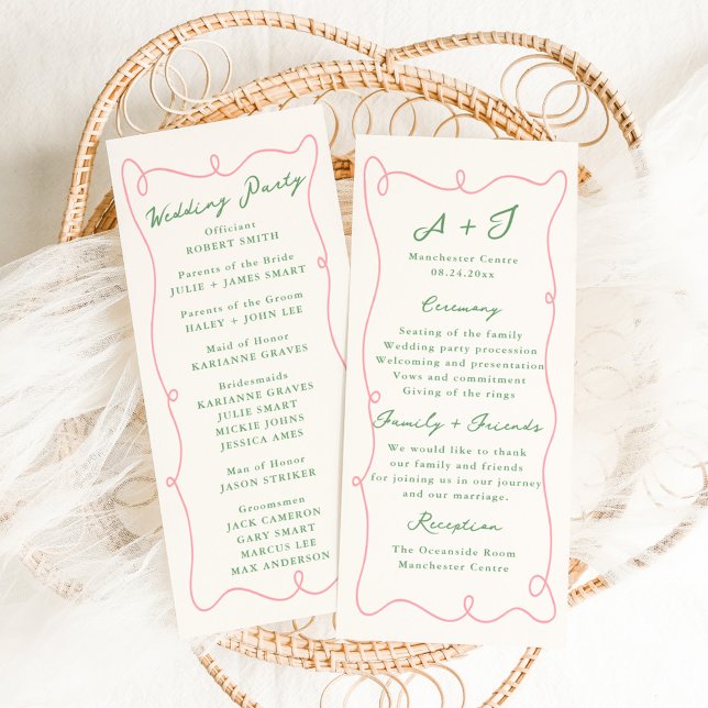 Programa de Casamento Cor-de-Rosa e Verde Desenhad (Criador carregado)