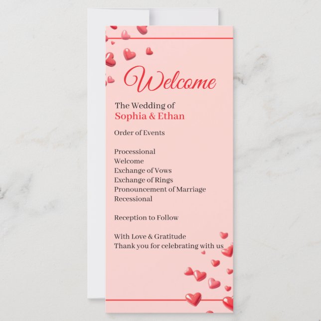 Programa de Casamento Corações Vermelhos Romântico (Frente)