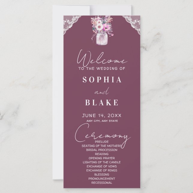 Programa de Casamento Country Lace Mason Jar Burgu (Frente)