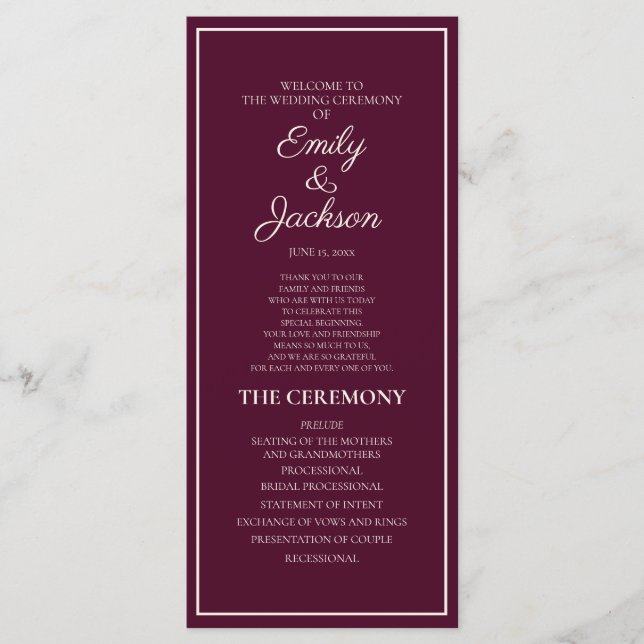Programa de Casamento Creme Borgonha Moderno (Frente)