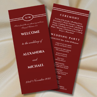 Programa de Casamento Cristão Burgundy com Monogra