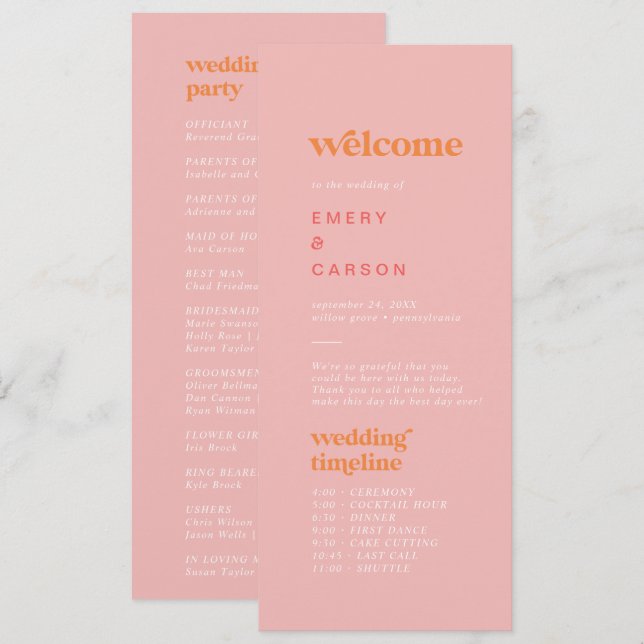 Programa de Casamento Cronológico Rosa Laranja Ver (Frente/Verso)