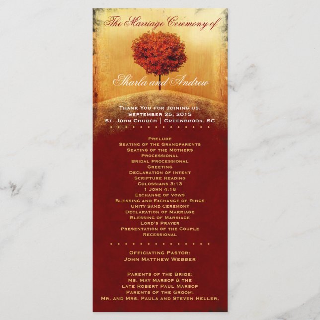 Programa de Casamento da Árvore Vermelha de Glória (Frente)