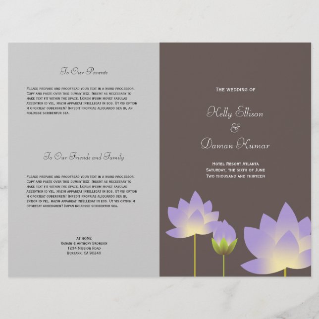 Programa de casamento da cinza de flores roxas (Frente)