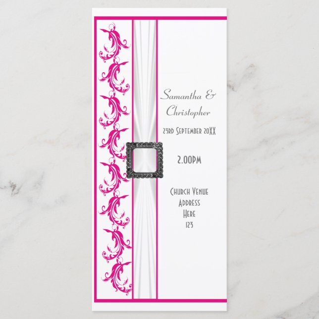 Programa de casamento da igreja branca e rosa Fuch (Frente)